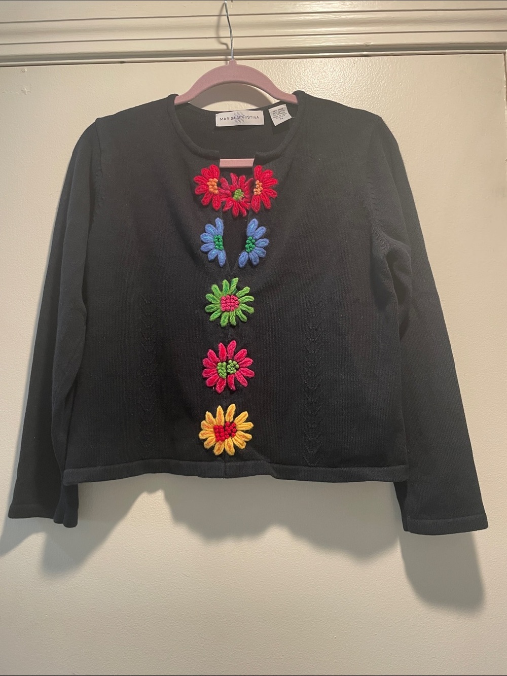 Vintage Marisa Christina 3D Floral Cardigan Sweater Black Knit Size M Cottagecor